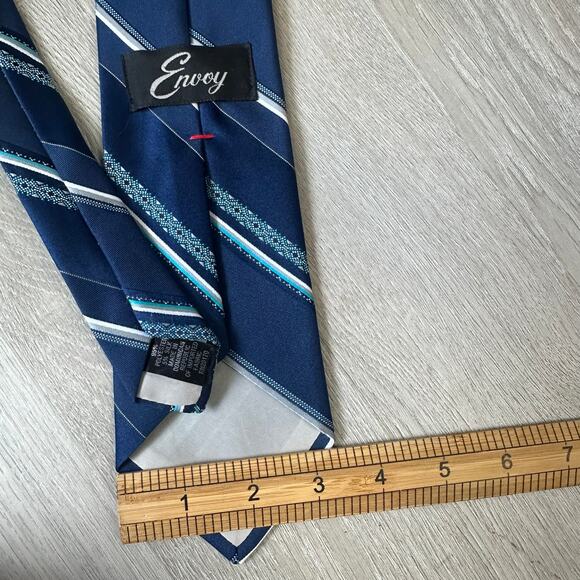 Vintage Envoy Blue Diagonal Stripe Tie Silk Blend 80s - Picture 3 of 5